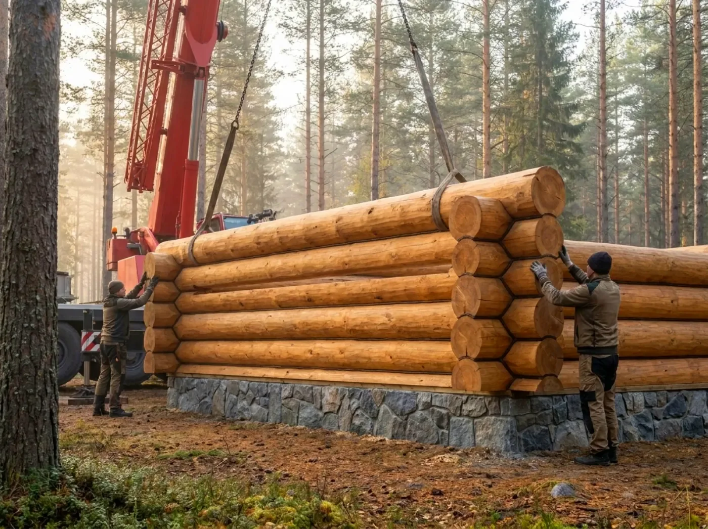 Бригада собирает сруб по маркировке на готовом фундаменте